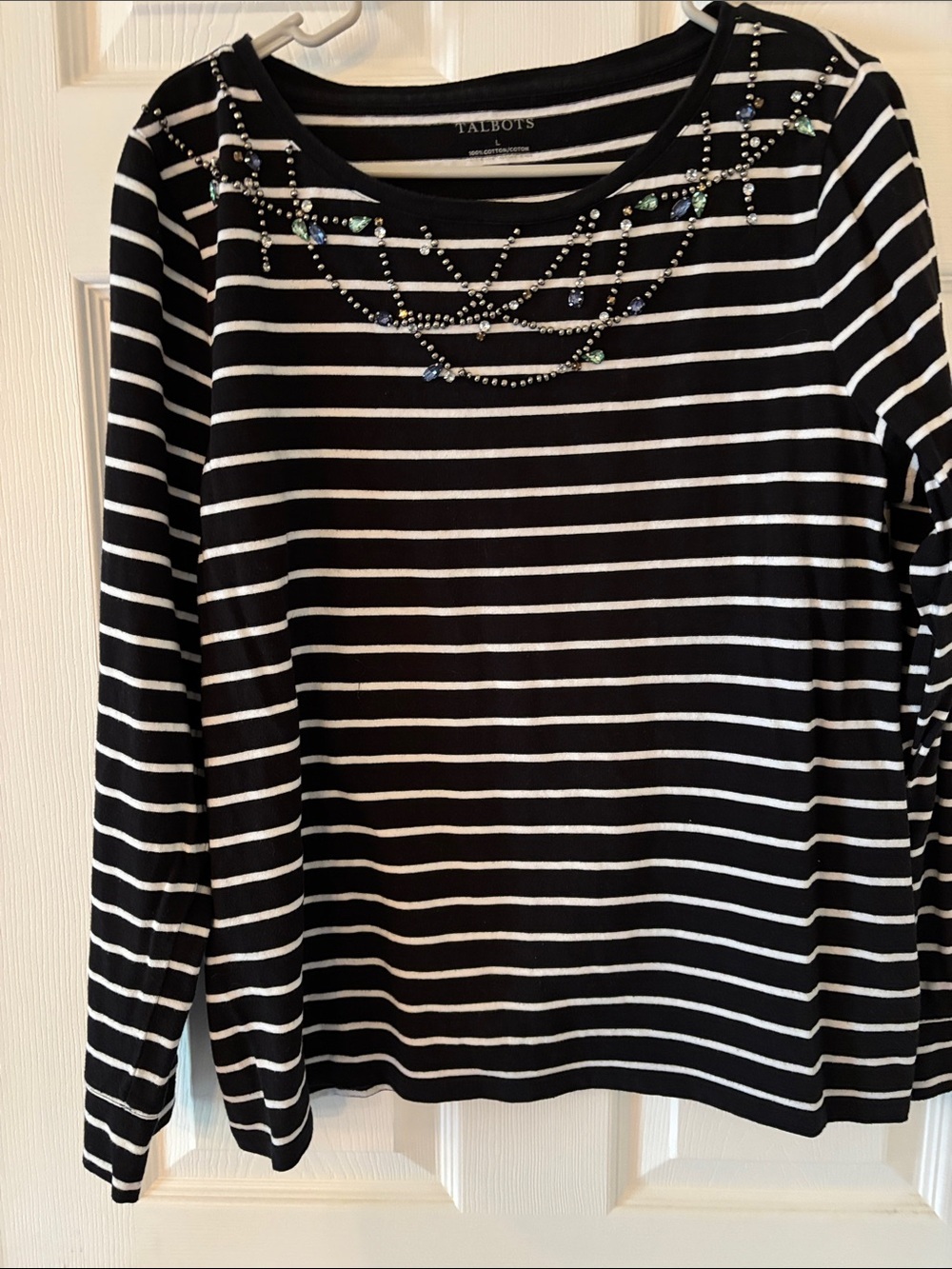 Talbots Black and White Striped Jewel-Neck Long Sleeve Tee